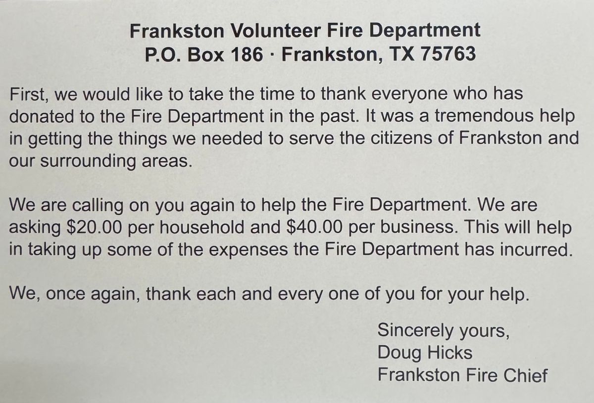 Frankston Volunteer Fire Department Donation Card